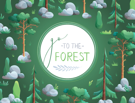 Coniferous trees and bushes are on dark background. Pines, spruces, cypress, stones and grass. Flat vector background with modern grain texture. Round frame for your text.のイラスト素材