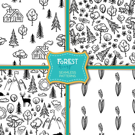 Linear house in the woods, trees and bushes, wild deer, bear, hedgehog, flowers and butterflies. Black and white boundless backgrounds for your design.のイラスト素材
