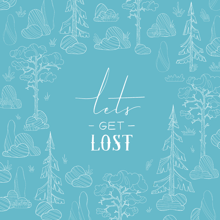 White linear coniferous trees on a blue background. Pines, spruces and cypress, stones and grass. Hand-drawn outlined illustration. Round frame for you text.のイラスト素材