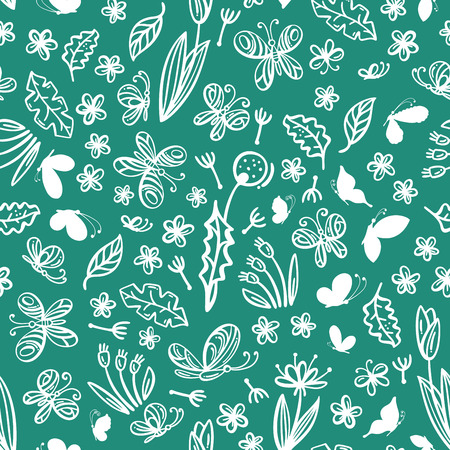 Outlined white flowers, leaves and butterflies on dark green background. Boundless background for your summer design.のイラスト素材