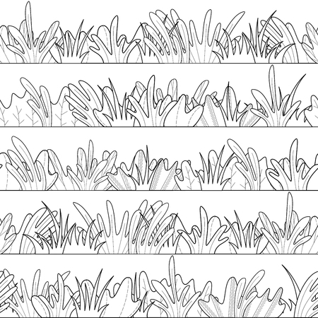 Doodles grass and leaves on a white. Black and white boundless summer background.のイラスト素材