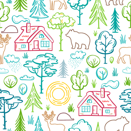 Linear house in the woods, trees and bushes, wild deer, bear, hedgehog. Bright boundless background for your nature design.のイラスト素材