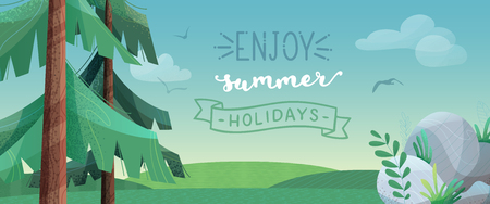 Vector horizontal banner. Nature landscape. Firs, stones, leaves and grass, green hills. Birds and clouds in the sky. Flat background with stipple texture. Place for your text.のイラスト素材
