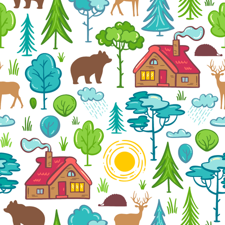 House in the woods, trees and bushes, wild animals (deer, bear, hedgehog). Bright boundless background for your nature design.のイラスト素材
