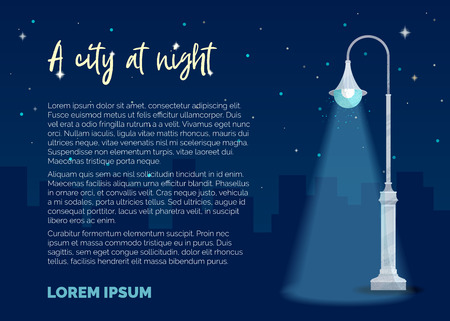 Street light on dark blue background. Silhouettes of houses, stars in the sky. Vector flat illustration. Modern noise texture. There is copyspace for your text.のイラスト素材