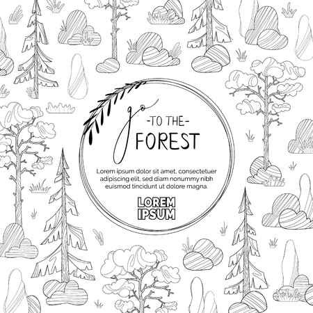 Ð¡ontours of coniferous trees on a white background. Pines, spruces and cypress, stones and grass. Round frame for you text. Can be used for a coloring book for adults.のイラスト素材