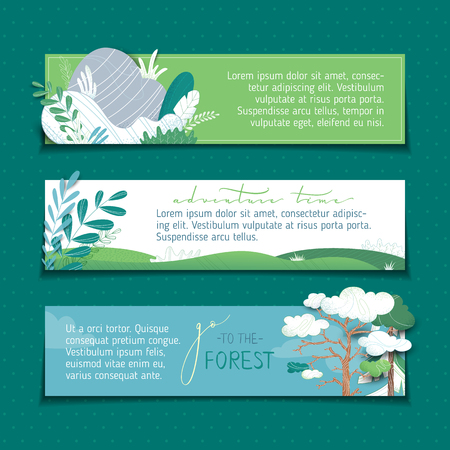 Nature landscapes. Pine, firs, clouds, stones and fields. Flat background with modern stipple texture. Copy space for your text in the sky.のイラスト素材