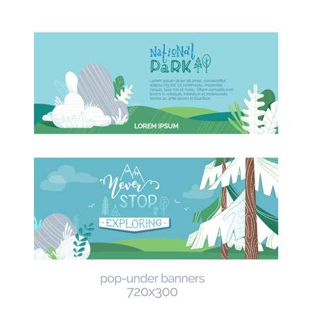 Horizontal nature landscapes. Pine, firs, stones and grass. Flat background with modern noise texture. Copy space for your text on white.のイラスト素材