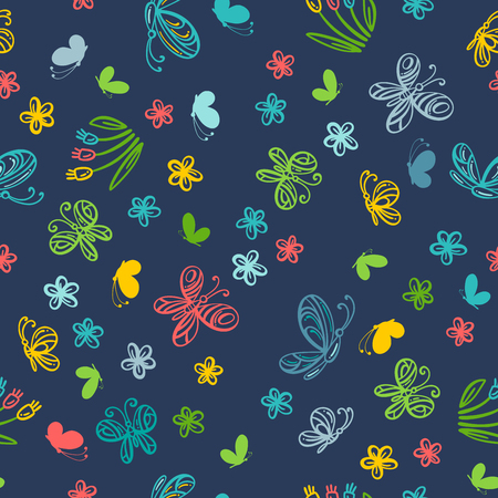 Flowers and butterflies on dark blue background. Bright boundless background for your summer design.のイラスト素材