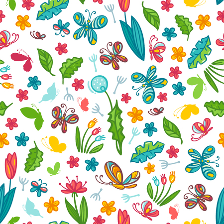 Flowers, leaves and butterflies on a white. Bright boundless background for your design.のイラスト素材