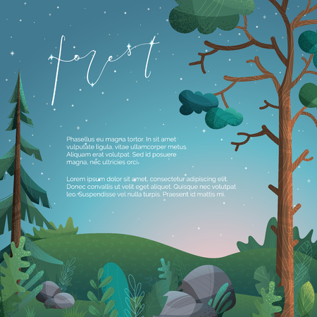 Pine, fir, stones and grass are on hills. Flat background with modern noise texture.のイラスト素材