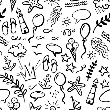 Boundless background of ocean animals and plants, fish, anchor, boat, ship, jellyfish, shell, starfish, ice-cream, balloon, bubble speech, leaves, flip flops, flourish.のイラスト素材