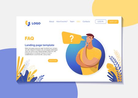 Corporate FAQ landing page flat vector template. Company web page design layout with text space. Cartoon boy, man with speech bubble in round frame. Q&A, user registration, need help website pageのイラスト素材