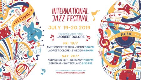 International jazz festival web banner vector template. Retro rock and roll music party. Blues bands contest announcement poster with text space. Cultural event. Musical instruments illustrationのイラスト素材