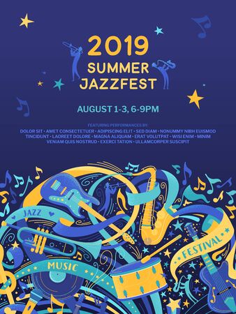 Jazz festival flat vector poster template. Classical music concert, summer event, fest web banner with text space. Percussion, wind and string instruments color illustration. Blues band performanceのイラスト素材