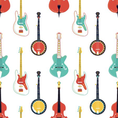 Strumming music instruments vector seamless pattern. Electric guitar, banjo, cello texture. String instruments wallpaper. Classical orchestra performance, rock concert, music festival backgroundのイラスト素材
