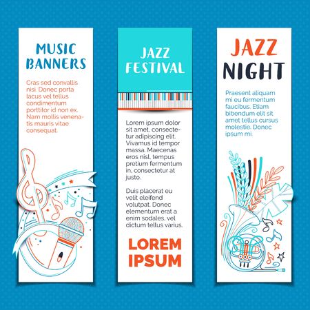 Jazz festival hand drawn vector banner templates set. Night live performance bright outline on white background minimalist poster design layout with copy space. Piano keys colorful line artのイラスト素材