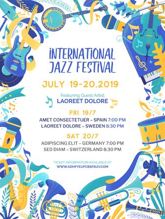 International music contest poster vector template. Jazz and blues festival promotional web banner with text space. Country, folk and rock concert brochure. Cultural event advertising flyer layoutのイラスト素材