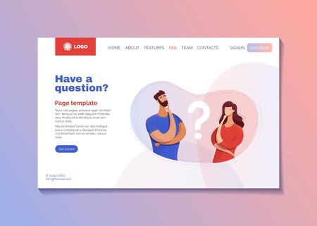 Client support landing page flat vector template. Confused customers need help cartoon characters. Corporate website FAQ tab with text space. User helpline page with call to action buttonsのイラスト素材