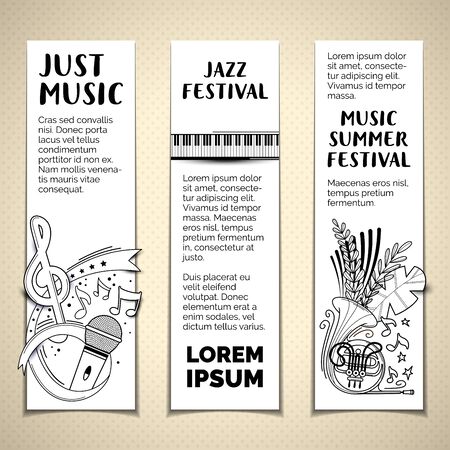 Music summer festival hand drawn vector banner templates set. Musical concert black and white minimalist banner design layout with copy space. Musical instruments with letteringのイラスト素材