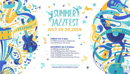 Jazz festival flat vector web banner template. Classical music concert, summer event, retro fest poster. Percussion, string instruments color illustration. Blues, rock and roll band performanceのイラスト素材