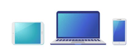 Portable electronics with blank screens realistic illustrations set. Modern laptop, tablet and smartphone with empty displays isolated cliparts on white background pack. Gadget, devicesのイラスト素材