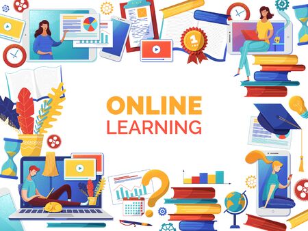 Online self education web banner flat vector template. Elearning, Internet courses and remote business analytics classes poster design. Woman reading ebooks, man watching video tutorials charactersのイラスト素材