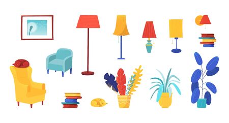 Room interior design elements vector illustrations set. Home coziness concept. Vintage flat items pack. Old furniture, home plants and pets. Apartment hall furniture color icons collectionのイラスト素材