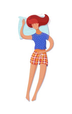Woman sleeping on her back vector illustration. Female brown hair sleeper cartoon character isolated on white background. Bedtime, rest, relax. Sleeping pose, body position conceptのイラスト素材