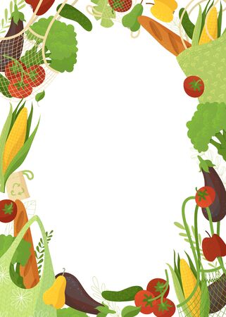 Seasonal vegetables empty frame vector illustration. Greens color border. Fresh veggies, organic nutrition, healthy products. Vegan food and eco friendly handbags on white backgroundのイラスト素材