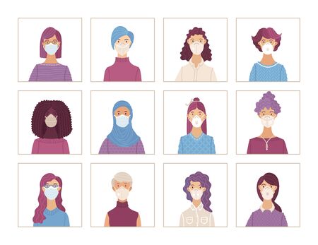 Multicultural group of people wearing medical masks. Coronavirus protection and prevention vector illustration. Protect yourself from virus infection. Avatars set of women in protective face masks.のイラスト素材