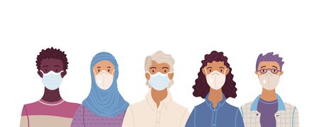 Multicultural group of people wearing disposable medical masks together. International corona virus protection and epidemic prevention vector illustration. Global self-isolation and quarantine.のイラスト素材