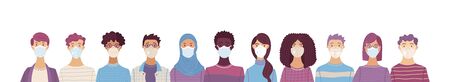 Multicultural group of people wearing medical masks to prevent disease. International corona virus protection and epidemic prevention vector illustration. Global self-isolation and quarantine poster.のイラスト素材