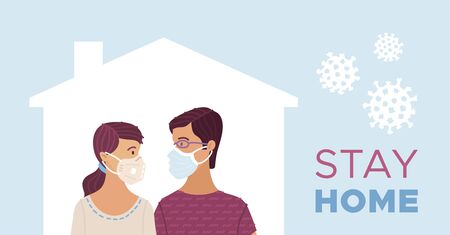 Stay at home to stop spreading pandemic. Young couple wearing medical masks at home. Coronavirus protection and prevention social media campaign. Self-isolation and quarantine cartoon illustration.のイラスト素材