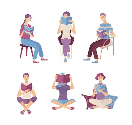 People reading books while sitting on floor and in chairs. Happy young men and women holding books characters in cartoon style. Satisfied literary fans and book lovers isolated vector illustration.のイラスト素材