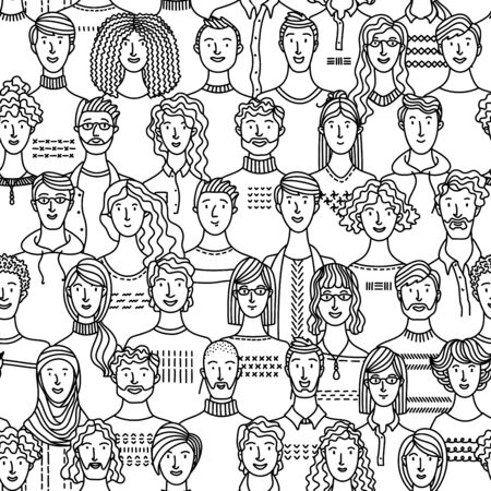 Crowd of various men and women in linear style. Vector boundless background with various people. Textile, fabric, wrapping paper, wallpaper mono color vector designのイラスト素材