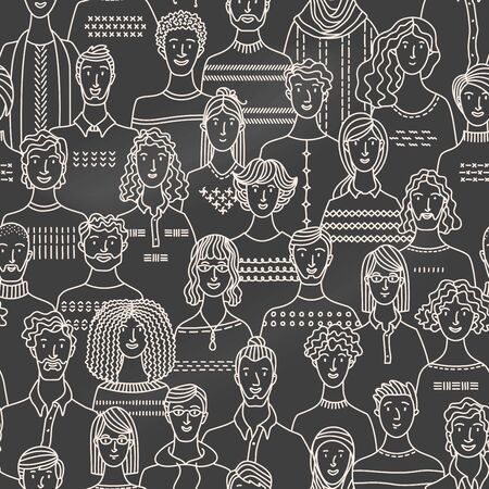 Chalk diverse crowd of people on blackboard background. Society and population. Social community seamless pattern in linear style. Hand-drawn fabric, textile, wrapping paper, wallpaper vector designのイラスト素材