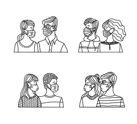 Diversity couples wearing safety breathing masks. Respirators and medical masks. Protection from disease, flu, coronavirus COVID-19, air pollution, and allergy. Vector outline illustration.のイラスト素材