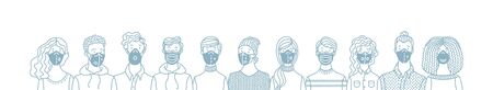 Group of people wearing safety breathing masks. Respirators and medical masks. Protection from disease, flu, coronavirus COVID-19, air pollution, allergies, dust. Vector outline banner concept.のイラスト素材