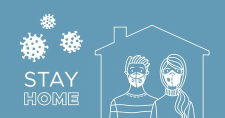 Stay at home to stop spreading pandemic. Young couple wearing medical masks at home. Coronavirus protection and prevention social media campaign. Self-isolation and quarantine cartoon illustration.のイラスト素材