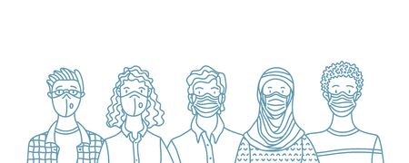 Women and men wearing safety breathing masks. Respirators and medical masks. Protection from disease, flu, coronavirus COVID-19, air pollution, allergies, dust. Vector outline portraits.のイラスト素材