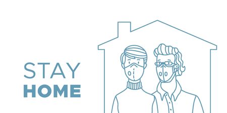 Stay at home to help stop the spread of coronavirus Covid-19. Social distancing and self-isolation. Man and woman wearing safety masks. Outline mono color bannerのイラスト素材