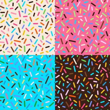 Donut glaze, dessert decoration seamless patterns set. Pastry, bakery, confection decor. Sugary snack, creamy cupcake icing fabric, textile, wrapping paper, wallpaper color vector designs collectionのイラスト素材