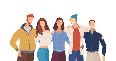 Friends, guys and girls flat vector illustration. Positive, multinational friendship, relationship. Smiling young people group, embracing teenagers cartoon characters isolated on white backgroundのイラスト素材
