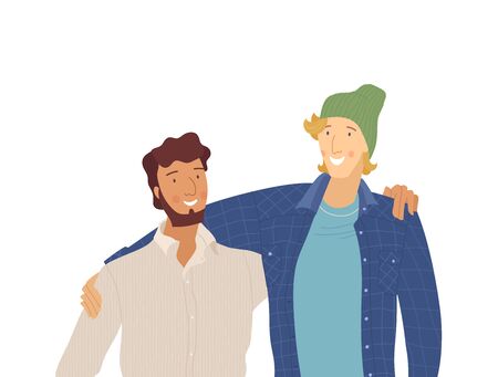 Male friends, smiling guys flat vector illustration. Friendship, family, positive emotions, good mood. Young people, boyfriends, embracing guys cartoon characters isolated on white backgroundのイラスト素材