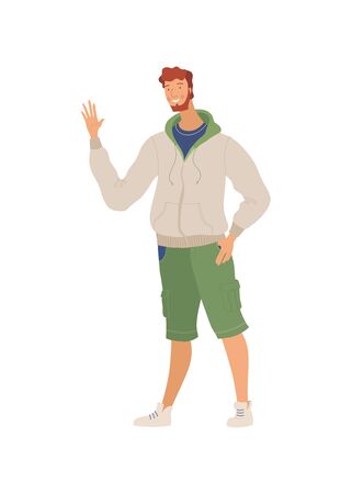 Smiling man in casual clothes flat vector illustration. Positive emotion, good mood, greeting gesture. Posing young guy, man waving hand cartoon character isolated on white backgroundのイラスト素材