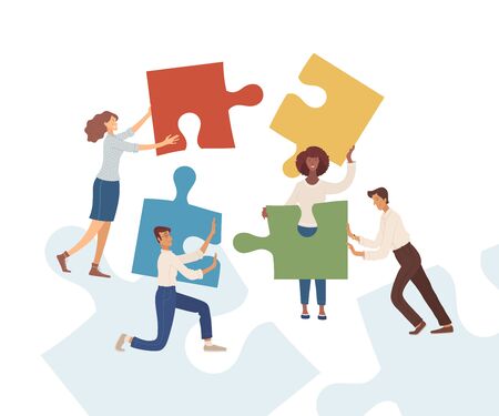 Businessmen and businesswomen with puzzles flat vector illustration. Partnership, harmonious work. Business team, office managers, entrepreneurs cartoon characters isolated on blue backgroundのイラスト素材