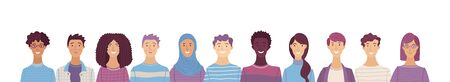 Group portrait of diverse people. Smiling men and women standing together. Web banner with happy students or work team. Flat cartoon vector multi-ethnic poster. Caucasian, African, Asian, Muslimのイラスト素材