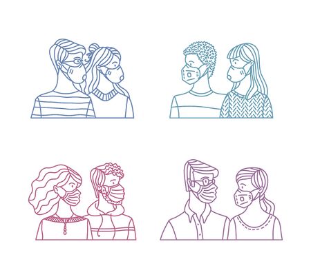 Set of couples wearing safety breathing masks. Respirators and medical masks protect from disease, flu, coronavirus COVID-19, air pollution, and allergy. Fears of getting coronavirus.のイラスト素材