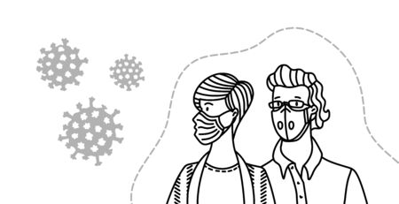 Young couple wearing disposable medical masks. Coronavirus protection and prevention. Self-isolation and quarantine outline vector illustration. Protect yourself from virus infection conceptのイラスト素材
